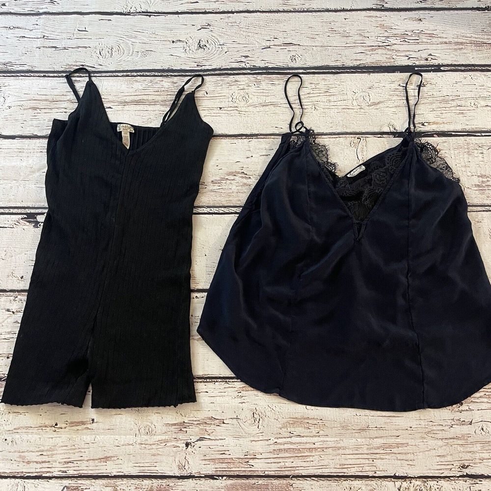 Free People Intimately Black Ribbed V-Neck Romper Soft Easy Fit Lot‎ of 2 Small